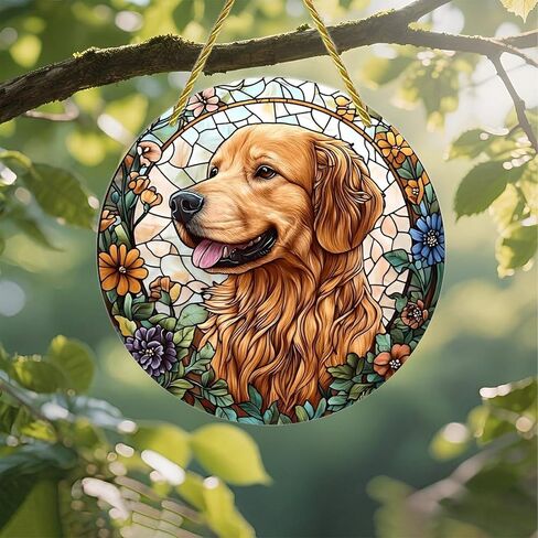 Colorful Acrylic Suncatcher, Golden Retriever in Floral Stained Glass 7-inch Hanging Window Wall Art Decor with Printed Stained Glass Style Design, Gift Idea & Garden Ornament Indoor Outdoor Use in Saudi Arabia