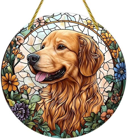Colorful Acrylic Suncatcher, Golden Retriever in Floral Stained Glass 7-inch Hanging Window Wall Art Decor with Printed Stained Glass Style Design, Gift Idea & Garden Ornament Indoor Outdoor Use in Saudi Arabia