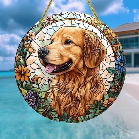 Colorful Acrylic Suncatcher, Golden Retriever in Floral Stained Glass 7-inch Hanging Window Wall Art Decor with Printed Stained Glass Style Design, Gift Idea & Garden Ornament Indoor Outdoor Use in Saudi Arabia