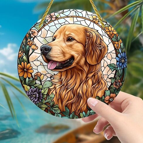 Colorful Acrylic Suncatcher, Golden Retriever in Floral Stained Glass 7-inch Hanging Window Wall Art Decor with Printed Stained Glass Style Design, Gift Idea & Garden Ornament Indoor Outdoor Use in Saudi Arabia