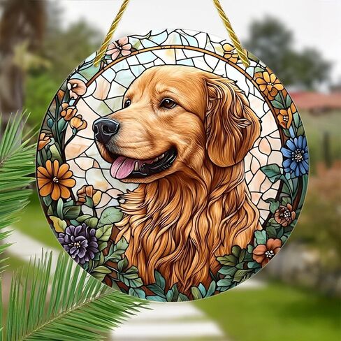 Colorful Acrylic Suncatcher, Golden Retriever in Floral Stained Glass 7-inch Hanging Window Wall Art Decor with Printed Stained Glass Style Design, Gift Idea & Garden Ornament Indoor Outdoor Use in Saudi Arabia