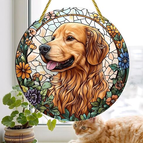 Colorful Acrylic Suncatcher, Golden Retriever in Floral Stained Glass 7-inch Hanging Window Wall Art Decor with Printed Stained Glass Style Design, Gift Idea & Garden Ornament Indoor Outdoor Use in Saudi Arabia