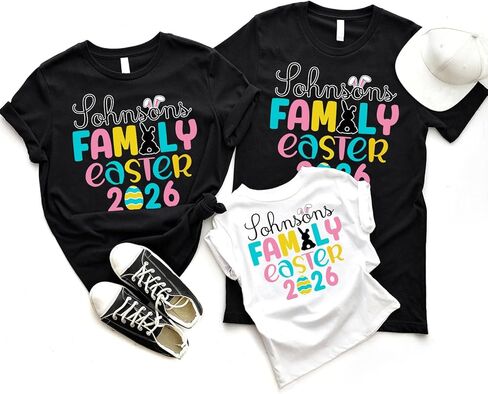 2026 Easter Colorful Custom Family Name Matching T-Shirt, Family Easter Holiday Matching T-Shirts, Cute Rabbit Bunny Tail Ears Family Tee, Birthday, Vacation Matching Tshirt, Gift for Family Members in Saudi Arabia