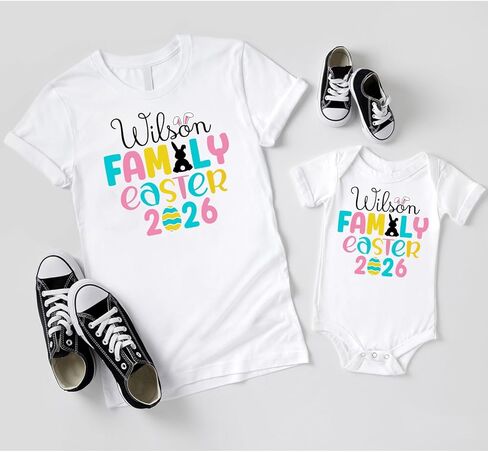 2026 Easter Colorful Custom Family Name Matching T-Shirt, Family Easter Holiday Matching T-Shirts, Cute Rabbit Bunny Tail Ears Family Tee, Birthday, Vacation Matching Tshirt, Gift for Family Members in Saudi Arabia