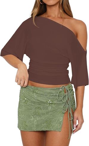 BONITEE Women One Shoulder Tops 2026 Summer Off The Shoulder Shirts Casual Cropped Short Sleeve Top Crop Blouses Tee Tshirts in Kuwait