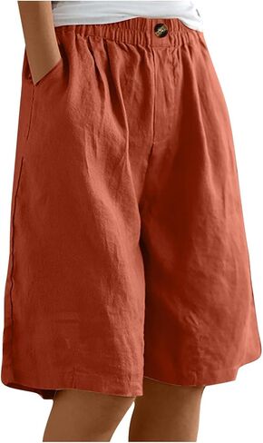 شورت برمودا كتان للنساء بطول الركبة، قصير كاجوال، خصر مرن، واسع الساق، صيفي للشاطئ مع جيب in Kuwait