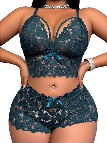 SOLY HUX Women's Plus Size Lace Lingerie Set Sheer Wireless Bra and Boyshorts Underwear Sets in Saudi Arabia