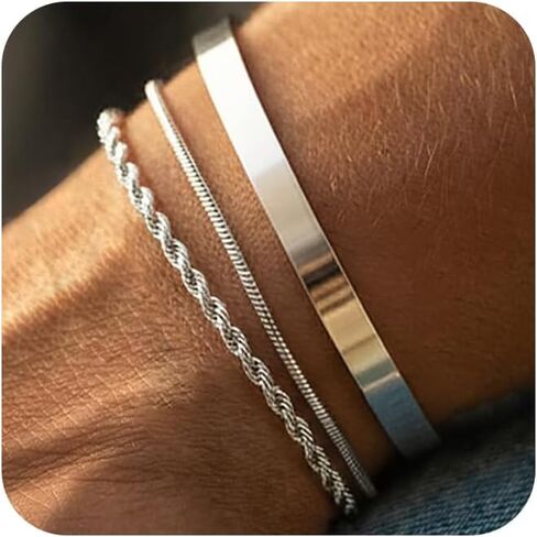 3 قطع سلسلة براكليت للرجال، سوار من الفضة الاسترلينية قابل للتكديس للرجال غير تانش بسيط الكفة ثعبان حبل ربط سلسلة الإسورة مجموعة سوار للرجال مجوهرات 6.5/7/7.5/8/8.5/9 بوصة in Kuwait