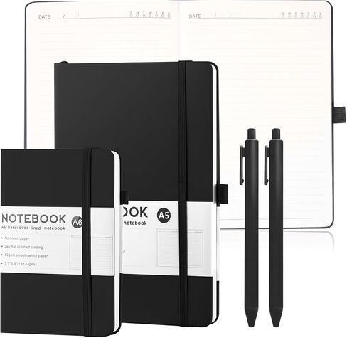 مجموعة 4 قطع من دفاتر الملاحظات اليومية مع أقلام A5 A6 مبطنة بالجلد بغلاف مقوى دفتر تنفيذي للرجال والنساء مجلة يومية، لمحامي مكتب الأعمال باللون الأسود in Kuwait