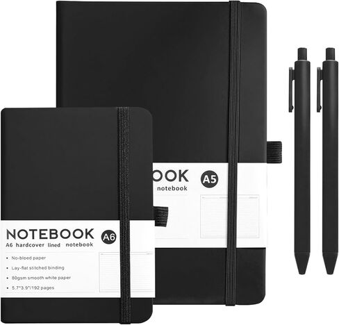 مجموعة 4 قطع من دفاتر الملاحظات اليومية مع أقلام A5 A6 مبطنة بالجلد بغلاف مقوى دفتر تنفيذي للرجال والنساء مجلة يومية، لمحامي مكتب الأعمال باللون الأسود in Kuwait