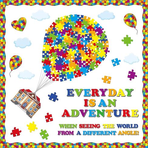 162 Pcs Autism Bulletin Board Puzzle Pieces Classroom Decor Everyday is an Adventure Hot Air Balloons Cutouts for Autism Awareness Window Wall Door Blackboard Party Supplies in Kuwait