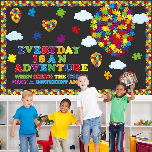 162 Pcs Autism Bulletin Board Puzzle Pieces Classroom Decor Everyday is an Adventure Hot Air Balloons Cutouts for Autism Awareness Window Wall Door Blackboard Party Supplies in Kuwait