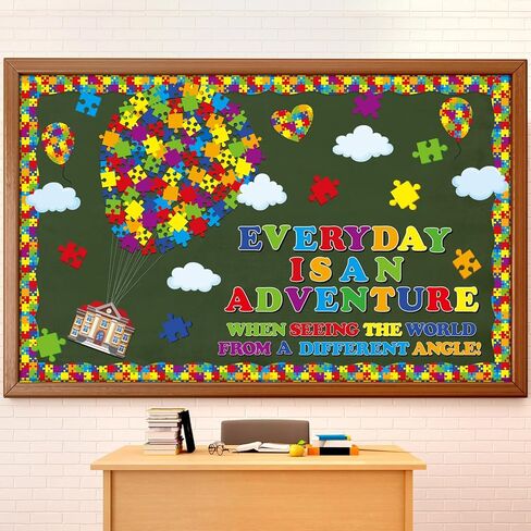 162 Pcs Autism Bulletin Board Puzzle Pieces Classroom Decor Everyday is an Adventure Hot Air Balloons Cutouts for Autism Awareness Window Wall Door Blackboard Party Supplies in Kuwait