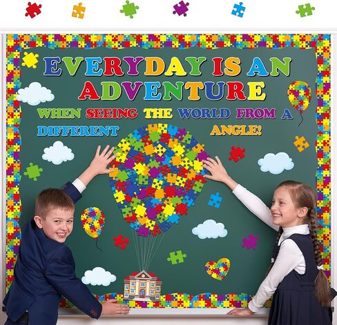 162 Pcs Autism Bulletin Board Puzzle Pieces Classroom Decor Everyday is an Adventure Hot Air Balloons Cutouts for Autism Awareness Window Wall Door Blackboard Party Supplies in Kuwait