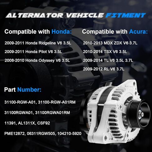 بديل المولد الجديد 130A لـ 2008 2009 2010 Honda Odyssey، 2009-2011 Ridgeline Pilot، 2010 2011 2012 2013 Acura MDX ZDX، 2010-2014 TSX، 09-14 TL V6 3.5 3.7 3.5L 3.7 لتر 31100-RGW-A01 11391 AL1311X in Saudi Arabia