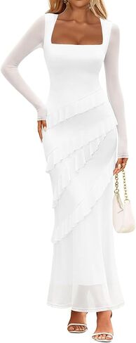 فستان HOCILLE نسائي مثير مكشكش أنيق بأكمام طويلة ورقبة مربعة مكشكشة فستان طويل لحفلات الكوكتيل in Kuwait