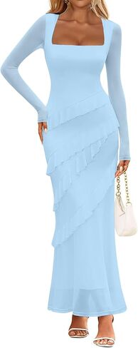 HOCILLE Women's Sexy Ruched Bodycon Elegant Long Sleeve Square Neck Ruffle Maxi Dresses Cocktail Party Dress in Saudi Arabia