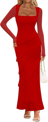 HOCILLE Women's Sexy Ruched Bodycon Elegant Long Sleeve Square Neck Ruffle Maxi Dresses Cocktail Party Dress in Saudi Arabia