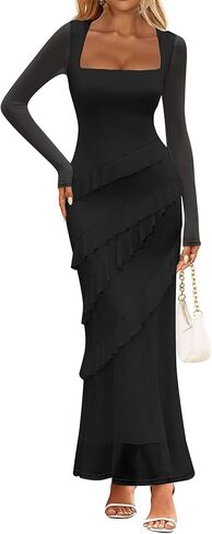HOCILLE Women's Sexy Ruched Bodycon Elegant Long Sleeve Square Neck Ruffle Maxi Dresses Cocktail Party Dress in Saudi Arabia