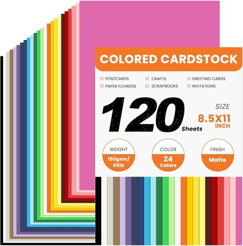120 ورقة بطاقات ملونة، 180 جرامًا للمتر المربع/65 رطلًا، ورق طباعة بطاقات 24 لونًا مقاس 8.5 × 11 بوصة، ورق بطاقات مطبوع مزدوج الجوانب للأطفال، طباعة قصاصات مكتب المدرسة، أعمال يدوية يدوية in Kuwait