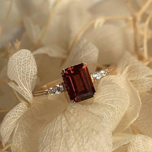 Vintage Garnet Engagement Ring for Women – Emerald Cut Deep Red Garnet with Diamond Accents – 14K Rose Gold Plated Band – January Birthstone Promise Ring – Antique Style Jewelry Gift in Saudi Arabia