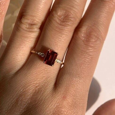 Vintage Garnet Engagement Ring for Women – Emerald Cut Deep Red Garnet with Diamond Accents – 14K Rose Gold Plated Band – January Birthstone Promise Ring – Antique Style Jewelry Gift in Saudi Arabia