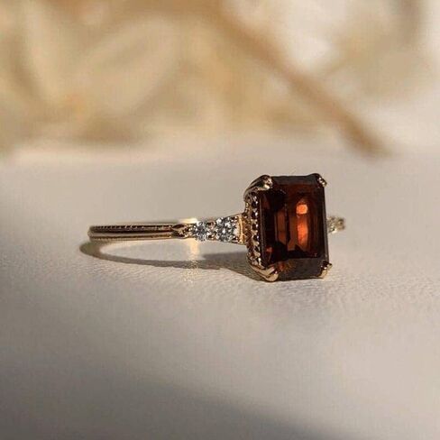 Vintage Garnet Engagement Ring for Women – Emerald Cut Deep Red Garnet with Diamond Accents – 14K Rose Gold Plated Band – January Birthstone Promise Ring – Antique Style Jewelry Gift in Saudi Arabia