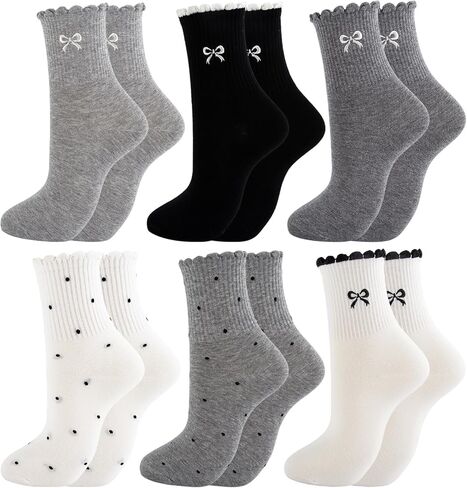 Women's Ruffle Socks Crew Casual Cute Polka with Bow Socks Ruffle Frilly Cotton Ankle Socks Size 5-9 in Kuwait
