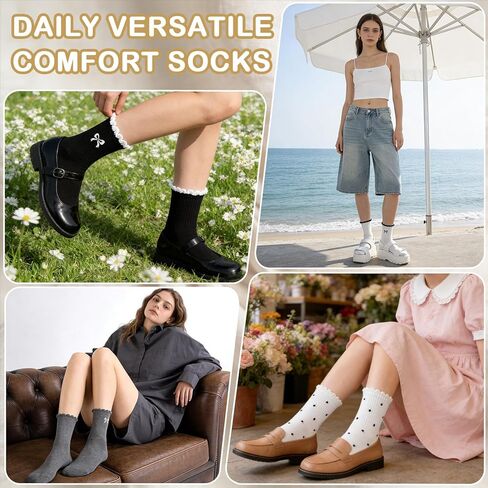 Women's Ruffle Socks Crew Casual Cute Polka with Bow Socks Ruffle Frilly Cotton Ankle Socks Size 5-9 in Kuwait