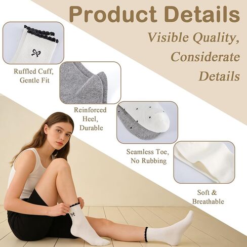 Women's Ruffle Socks Crew Casual Cute Polka with Bow Socks Ruffle Frilly Cotton Ankle Socks Size 5-9 in Kuwait
