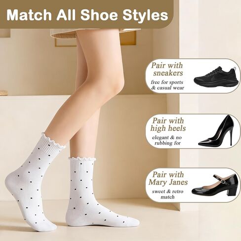 Women's Ruffle Socks Crew Casual Cute Polka with Bow Socks Ruffle Frilly Cotton Ankle Socks Size 5-9 in Kuwait