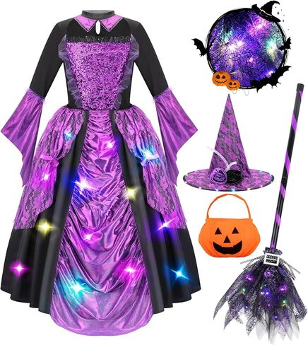 Meland Witch Costume for Girls - Light up Halloween Costumes for Kids Girl Dress up, Witch Dress for Toddler Girls Ages 3-10 in Kuwait