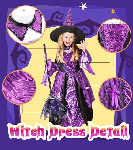 Meland Witch Costume for Girls - Light up Halloween Costumes for Kids Girl Dress up, Witch Dress for Toddler Girls Ages 3-10 in Kuwait