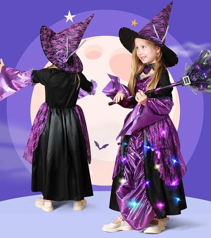 Meland Witch Costume for Girls - Light up Halloween Costumes for Kids Girl Dress up, Witch Dress for Toddler Girls Ages 3-10 in Kuwait