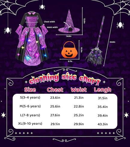 Meland Witch Costume for Girls - Light up Halloween Costumes for Kids Girl Dress up, Witch Dress for Toddler Girls Ages 3-10 in Kuwait