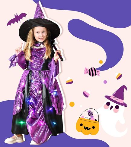 Meland Witch Costume for Girls - Light up Halloween Costumes for Kids Girl Dress up, Witch Dress for Toddler Girls Ages 3-10 in Kuwait