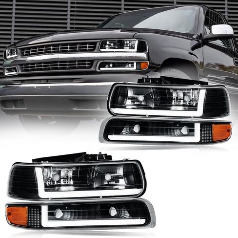 مجموعة المصابيح الأمامية LED DRL، مجموعة المصابيح الأمامية متوافقة مع 1999-2002 تشيفي سيلفرادو 1500 2500/2001 2002 سيلفرادو 1500HD 2500HD 3500HD استبدال المصابيح الأمامية غطاء أسود عاكس كهرماني in Kuwait