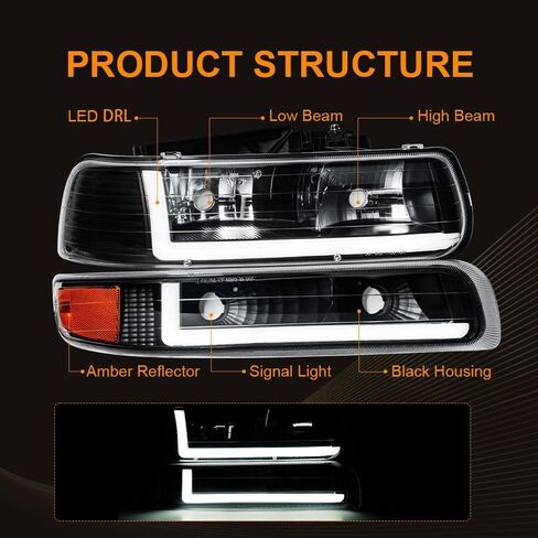 مجموعة المصابيح الأمامية LED DRL، مجموعة المصابيح الأمامية متوافقة مع 1999-2002 تشيفي سيلفرادو 1500 2500/2001 2002 سيلفرادو 1500HD 2500HD 3500HD استبدال المصابيح الأمامية غطاء أسود عاكس كهرماني in Kuwait