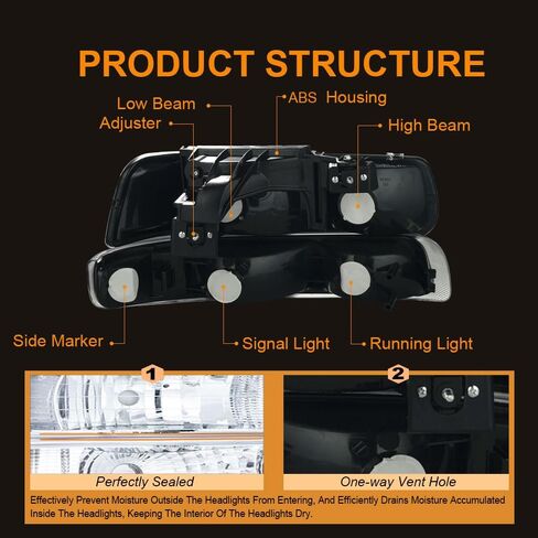 مجموعة المصابيح الأمامية LED DRL، مجموعة المصابيح الأمامية متوافقة مع 1999-2002 تشيفي سيلفرادو 1500 2500/2001 2002 سيلفرادو 1500HD 2500HD 3500HD استبدال المصابيح الأمامية غطاء أسود عاكس كهرماني in Kuwait