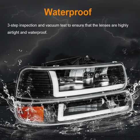 مجموعة المصابيح الأمامية LED DRL، مجموعة المصابيح الأمامية متوافقة مع 1999-2002 تشيفي سيلفرادو 1500 2500/2001 2002 سيلفرادو 1500HD 2500HD 3500HD استبدال المصابيح الأمامية غطاء أسود عاكس كهرماني in Kuwait