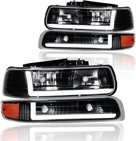 مجموعة المصابيح الأمامية LED DRL، مجموعة المصابيح الأمامية متوافقة مع 1999-2002 تشيفي سيلفرادو 1500 2500/2001 2002 سيلفرادو 1500HD 2500HD 3500HD استبدال المصابيح الأمامية غطاء أسود عاكس كهرماني in Kuwait