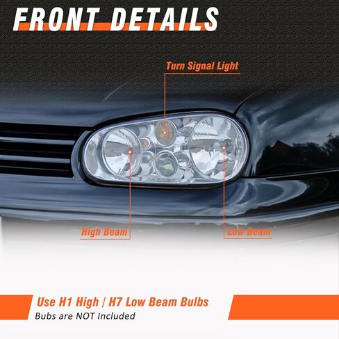 مجموعة المصابيح الأمامية لـ 1999 2000 2001 2002 2003 2004 2005 2006 Volkswagen Golf MK4 متوافقة مع 2004 VW Golf R32، 1999-2002 VW Cabrio، لا تناسب MK5 لموديلات 2006 (بدون لمبة) in Saudi Arabia