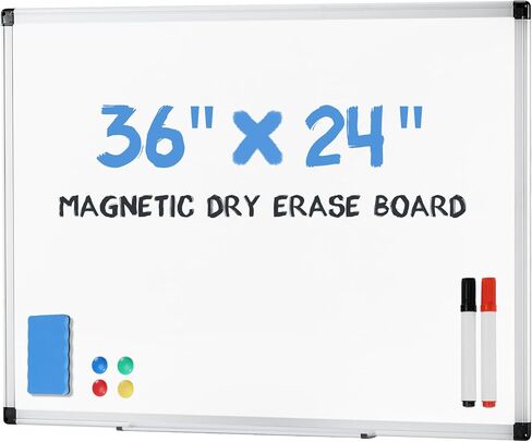 لوح مسح جاف مغناطيسي وسبورة بيضاء، 36 × 24 بوصة، إطار من الألومنيوم الفضي، يأتي مع ممحاة جافة واحدة، 2 علامة مسح جاف، 1 صينية أقلام و4 دبابيس مغناطيسية in Kuwait