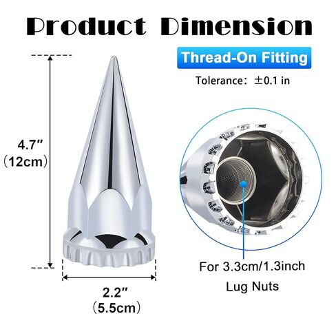 33mm x 4-3/4" Chromed Spike Lug Nuts Covers Thread-On, ABS Chrome Plastic Caps Pointed Screw On Lug Nut Cover for Semi Trucks (20) in Kuwait
