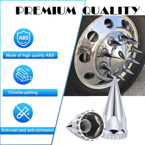 33mm x 4-3/4" Chromed Spike Lug Nuts Covers Thread-On, ABS Chrome Plastic Caps Pointed Screw On Lug Nut Cover for Semi Trucks (20) in Kuwait