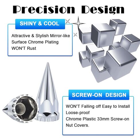 33mm x 4-3/4" Chromed Spike Lug Nuts Covers Thread-On, ABS Chrome Plastic Caps Pointed Screw On Lug Nut Cover for Semi Trucks (20) in Kuwait