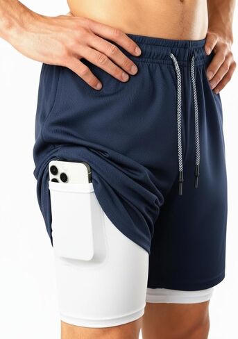 Men's 2 in 1 Workout Running Shorts with Zipper Pockets Lightweight Training Yoga Gym Short NavyBlue+White M in Saudi Arabia