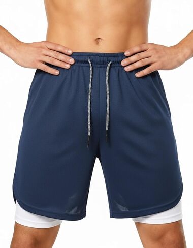 Men's 2 in 1 Workout Running Shorts with Zipper Pockets Lightweight Training Yoga Gym Short NavyBlue+White M in Saudi Arabia