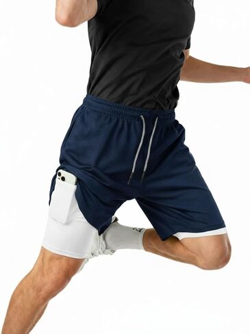 Men's 2 in 1 Workout Running Shorts with Zipper Pockets Lightweight Training Yoga Gym Short NavyBlue+White M in Saudi Arabia