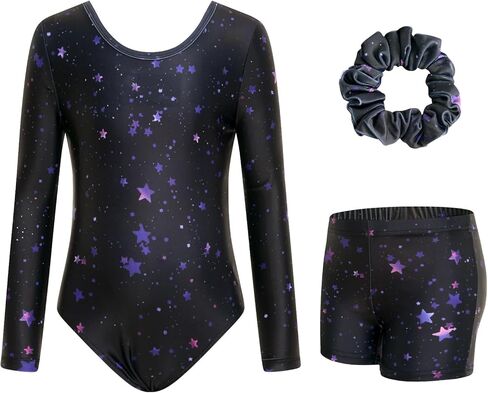 JiAmy Gymnastics Leotards for Girls Cross Back, Long Sleeve Sparkly Dance Biketards with Shorts Ballet Outfit for 3-12 Years in Kuwait